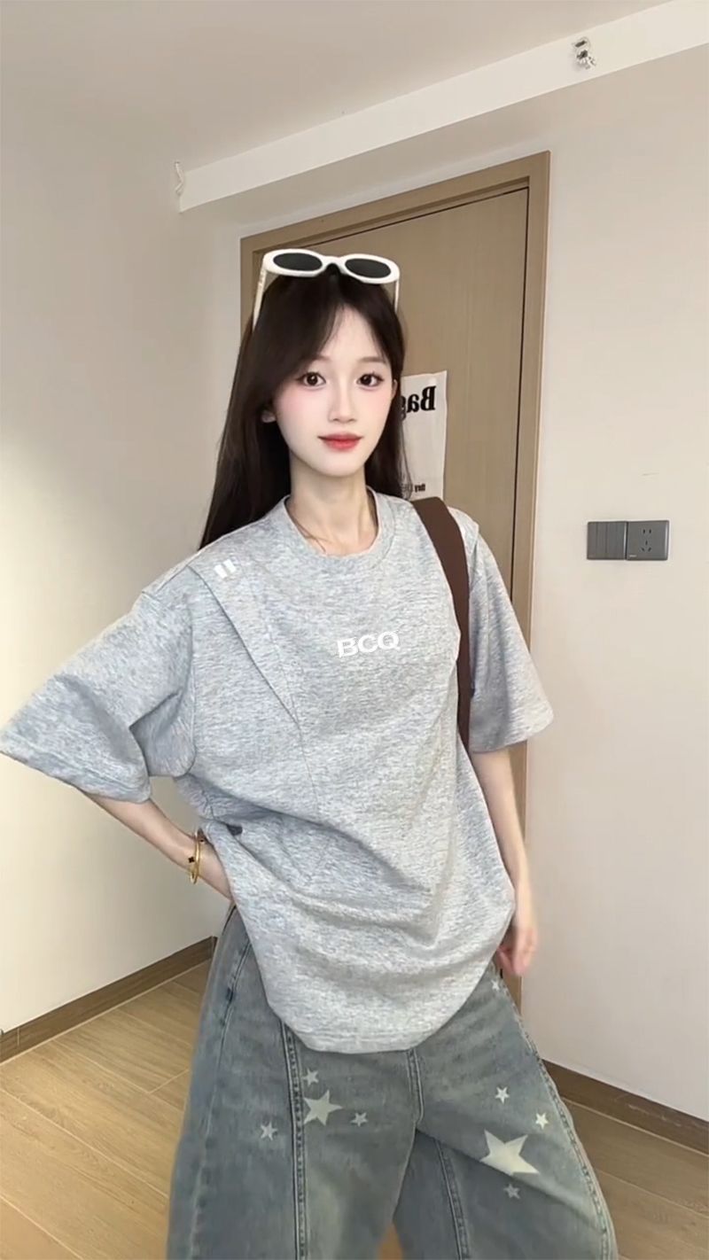 경관 그림 남자 바 면 220 그램 조수 브랜드 반팔 티셔츠 남녀 커플 여름 새로운 자수 루즈핏 라운드 넥 맨위