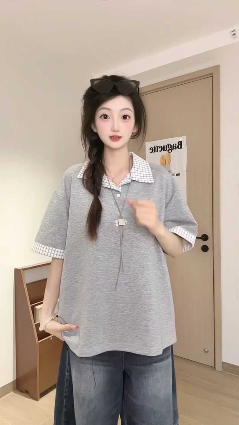 경관 그림 남자 바 면 220 그램 반팔 티셔츠 여성 의류 여름 페이크 레이어드 새로운 루즈핏 체크무늬 POLO 칼라 맨위