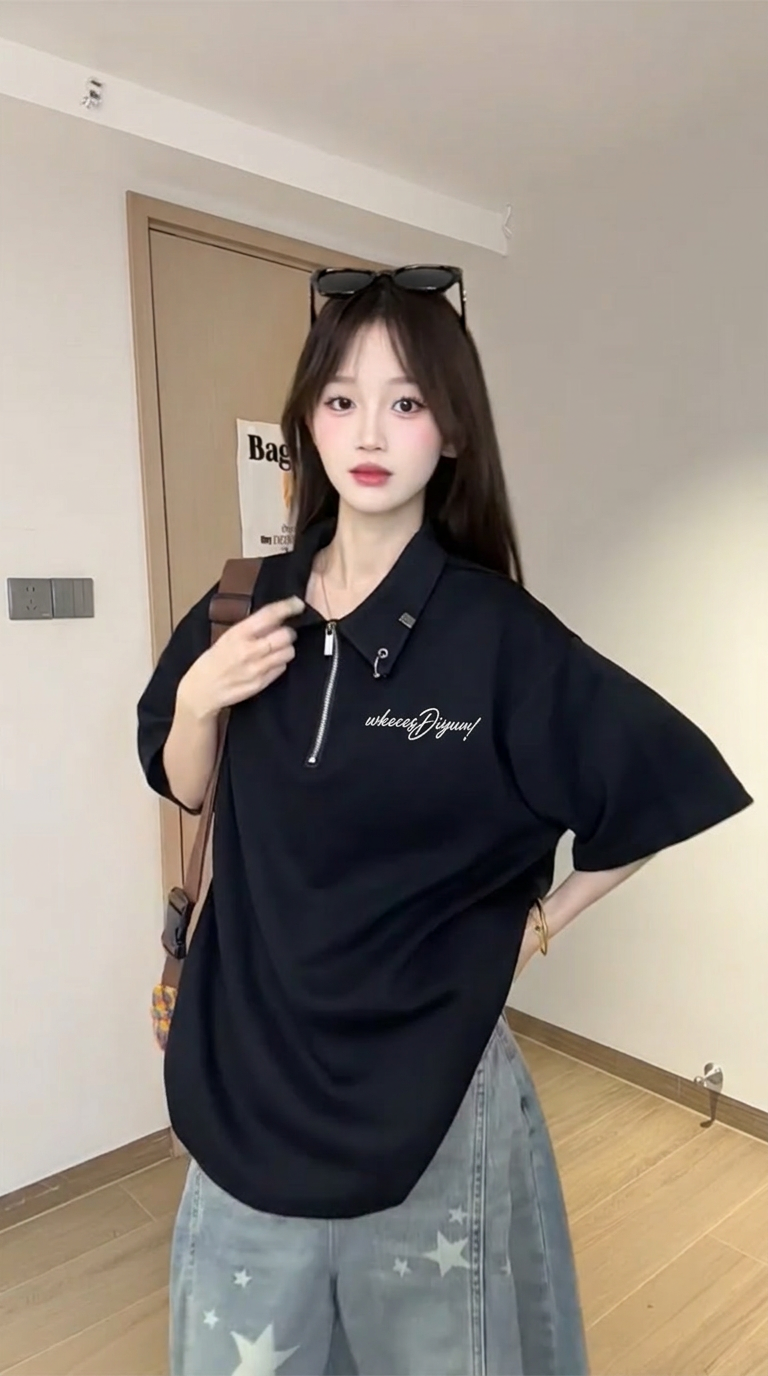 경관 그림 반팔 티셔츠 조수 브랜드 남녀 커플룩 여름 중간 길이 루즈핏 지퍼 자수 POLO 칼라 맨위
