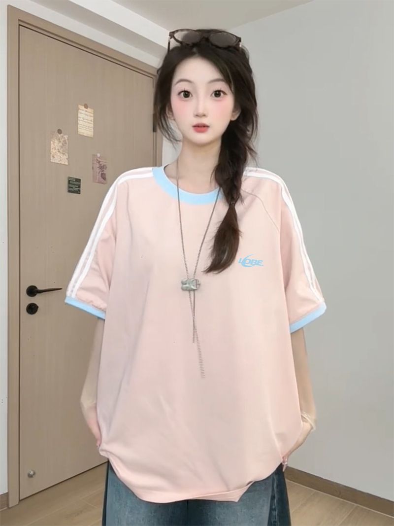 경관 그림 32 더블 실 순면 반팔 티셔츠 여성 의류 여름 새로운 중간 길이 루즈핏 디자인 센스 라운드 넥 맨위