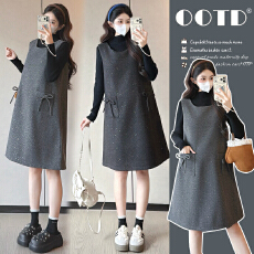 实拍冬季新款韩版宽松气质闪晶晶加厚毛呢孕妇大码背心裙套装