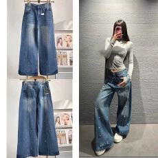 批发25AN早春新款重工<b class='q'>镶钻</b>亮闪闪<b class='q'>牛仔裤</b>女宽松休闲阔腿裤百搭拖地长裤