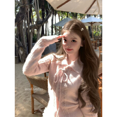 批发迟伞伞25/ss 桃绒Chérie 粉色收腰系带蝴蝶结<b class='q'>镂空</b>温柔羊毛<b class='q'>开衫</b>