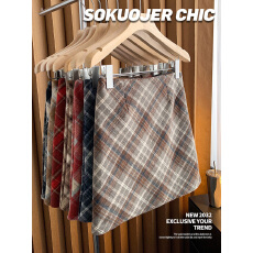 批发高品质毛呢格子短裙女2025秋季<b class='q'>新款</b>高腰a字半身裙复古格纹包臀裙