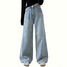 批发重工<b class='q'>镶钻</b>设计浅色水洗<b class='q'>牛仔裤</b>女2026春季宽松显瘦阔腿裤直筒长裤子
