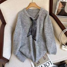 批发实拍高级感丝巾V领毛衣女早秋款大码胖mm<b class='q'>中长款</b>遮屁股上衣针织衫