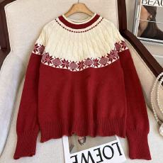 批发实拍卡农撞色雪花提花针织毛衣女<b class='q'>秋</b>冬新款宽松显瘦圆领套头上衣