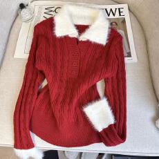 批发实拍撞色毛毛领拼接长袖针织衫女秋冬修身<b class='q'>显瘦</b>内搭弹力打底衫上衣