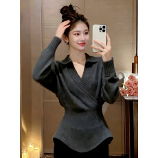 批发<b class='q'>轻熟</b>风气质御姐翻领修身针织衫女装2025秋冬新款百搭灰色毛衣上衣