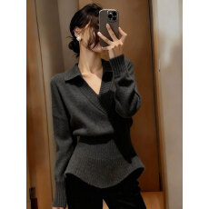 批发韩系老钱风<b class='q'>v领</b>翻领毛衣女秋冬季宽松慵懒收腰显瘦内搭打底针织衫