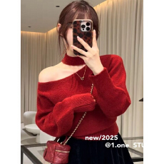 批发韩系复古慵懒挂脖斜领露肩兔毛针织衫女秋冬加厚软糯短款收腰毛衣