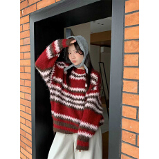 批发韩系减龄撞色条纹长袖毛衣女秋冬新款圆领宽松显瘦百搭针织衫<b class='q'>上衣</b>