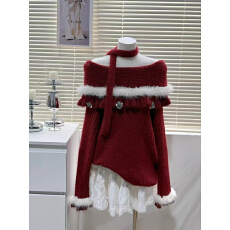 批发绝美红色新年战袍圣诞节氛围感穿搭毛毛拼接一字肩针织毛衣女秋冬