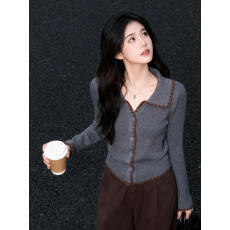 批发绝美韩系灰色翻领别致打底针织开衫女修身设计感chic撞色毛衣<b class='q'>上衣</b>