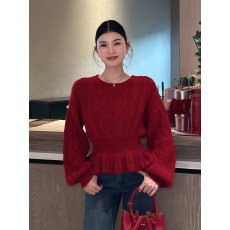 批发法式气质灯笼袖圆领长袖针织毛衣女秋冬新款收腰显瘦<b class='q'>时尚</b>穿搭上衣
