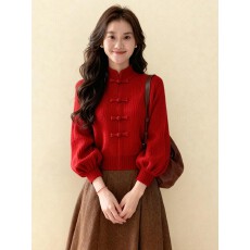 批发新中式<b class='q'>气质</b>红色立领盘扣粗线毛衣冬季独特超好看短款灯笼袖针织衫