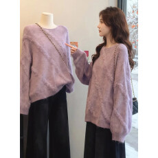 批发韩系慵懒风软糯紫色长袖毛衣女秋冬<b class='q'>大码</b>宽松显瘦遮肉针织衫上衣