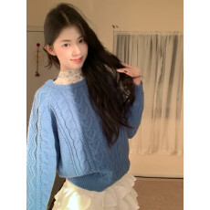 批发蓝色圆领麻花毛衣女秋冬季<b class='q'>新款</b>宽松慵懒高级感可外穿内搭上衣套装