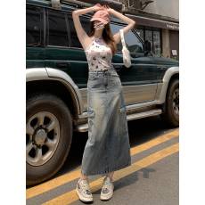 批发美式新款复古休闲工装牛仔裙子女装潮流日常百搭开叉高腰半身裙子