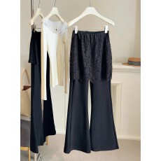 批发韩版时尚假两件<b class='q'>蕾丝</b>屁帘弹力<b class='q'>西装</b>微喇裤女2026春新款高腰休闲长裤