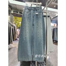 批发时髦街头~珍珠<b class='q'>钉珠</b> 直筒裤百搭水洗辣妹阔腿宽松 弯刀<b class='q'>牛仔裤</b>女