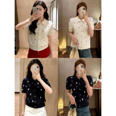 批发温柔甜美刺绣翻领针织开衫女夏季新款设计感修身显瘦百搭短袖上衣