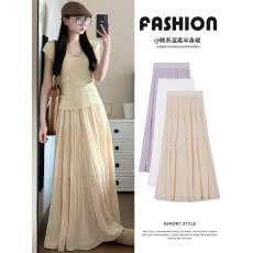 批发雪纺压褶半身裙女春秋夏季高腰a字垂坠感网纱裙<b class='q'>中长款</b>温柔蛋糕裙