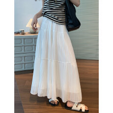 批发白色雪纺半身裙女<b class='q'>中长款</b>2026夏新款A字伞裙大摆裙垂感百褶长裙子