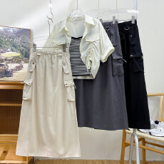 批发复古抽绳美式休闲口袋工<b class='q'>装</b>半身裙女夏<b class='q'>中长款</b>运动开叉直筒a字裙子