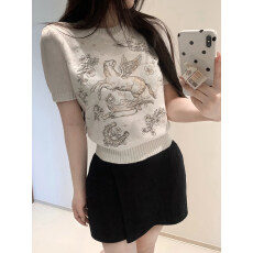 批发重工刺绣圆领五分短<b class='q'>袖</b>毛针织衫女春夏季新款修身打底内搭短款<b class='q'>上衣</b>