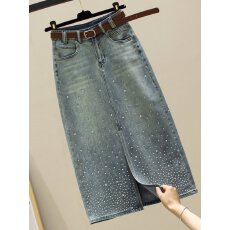 批发高腰镶钻开叉牛仔<b class='q'>半身</b>裙女春夏2026新款小个子<b class='q'>包臀</b>裙中长款a字裙