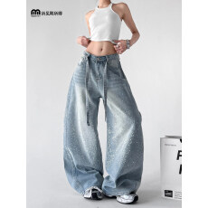 批发满天星<b class='q'>烫钻</b>阔腿<b class='q'>牛仔裤</b>女2026年春季新款高腰显瘦高个子拖地裤
