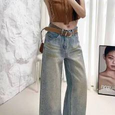 批发欧洲站2026春季女装新款系扣中腰重工<b class='q'>烫钻</b>满天星做旧复古拖地裤