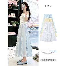 批发木耳花边半身<b class='q'>裙</b>女夏季新款法式大摆<b class='q'>裙</b>子小个子高腰中长款a字<b class='q'>伞</b><b class='q'>裙</b>