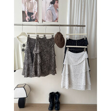 批发韩系复古不规则<b class='q'>荷叶边</b>豹纹中裙女夏法式小波点雪纺网纱蛋糕半身裙