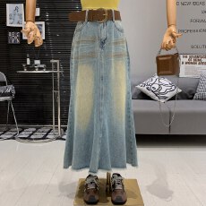 批发韩版气质辣妹风做旧水洗毛边高腰设计时髦百搭包臀<b class='q'>牛仔</b>鱼尾半身裙