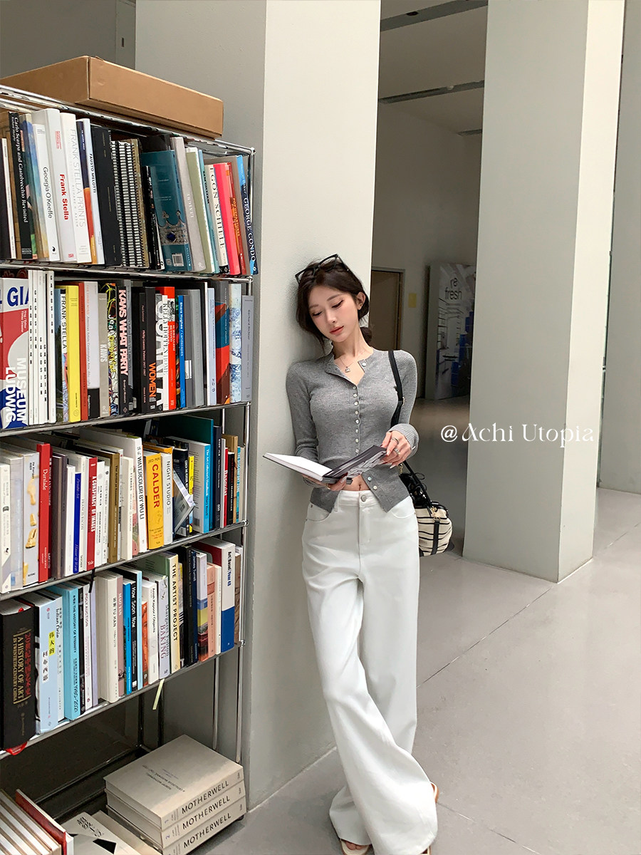 achi 대 또한 수영장 라이 경기 서울 화이트 스트레이트 청바지 여성 루즈핏 오래된 돈 긴 바지 통기성 다용도 와이드 레그 팬츠 어린이