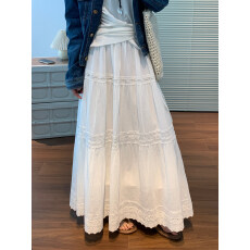 批发白色半身裙女2026春夏中长款A字大摆裙蛋糕裙蓬蓬伞裙蕾丝边长裙