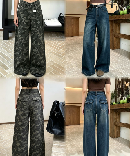 아메리칸 높음 거리 일 와이드 다리 카모플라주 청바지 여성 여름 새로운 레트로 루즈핏 느긋한 스트레이트 바닥 청소 바지
