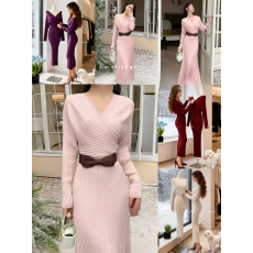 批发韩系性感辣妹名媛风气质V领针织<b class='q'>连衣</b>裙女春秋季新款修身显瘦长裙