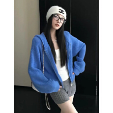 批发蓝色连帽拉链针织开衫女慵懒风软糯毛衣外套百搭高级感<b class='q'>糖果</b>色上衣