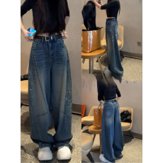 批发烫钻弯刀牛仔裤女秋季2026新款美式复古<b class='q'>大码</b>胖mm显瘦阔腿直筒裤子