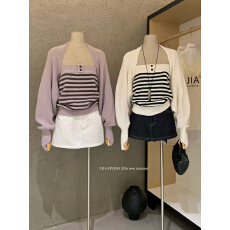 批发Y.JIA 伊嘉复古撞色双纽扣<b class='q'>针织</b>条纹抹胸+显瘦披肩<b class='q'>开衫</b>两件套装秋