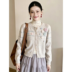 批发紫色立体花朵长袖针织外套秋<b class='q'>冬</b>季2026新款韩系穿搭开衫毛衫上衣女