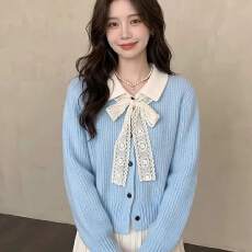 批发韩系氛围感蕾丝蝴蝶结翻领长袖毛衣女秋季独特漂亮软糯针织衫上衣