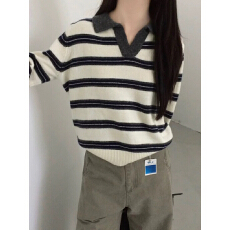 批发复古学院风翻领<b class='q'>条纹</b><b class='q'>针织衫</b>女2026秋冬新款宽松慵懒风套头韩版毛衣