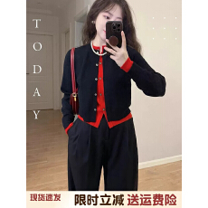 批发洋气复古时尚拼色假两件针织开衫女春秋设计感短款圆领<b class='q'>打底</b>内搭潮