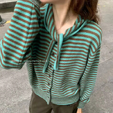 批发韩系撞色<b class='q'>条纹</b>连帽针织开衫女秋季新款系带宽松慵懒风休闲毛衣外套