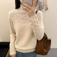 批发高端钩花半高领宽松毛衣打底衫女时髦珠片套头外穿针织衫加厚内搭