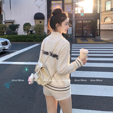 批发26ss松弛感翻领<b class='q'>外套</b>女气质显瘦提花撞色针织毛衣开衫
